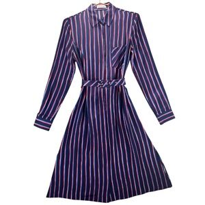 Altuzarra 100% Silk Navy, White, Red Striped Long-Sleeve Shirt Dress Italy
